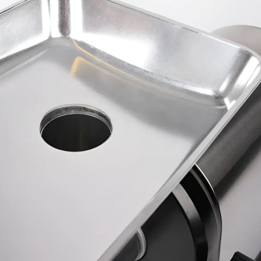 Shiny stainless steel rectangular tray with circular hole for w+s liha- ja kalamylly 2200w meat grinder