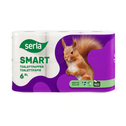Pakkaus serla smart wc-paperi 6 rullaa violetti valkoinen väri punainen orava kuva edestä