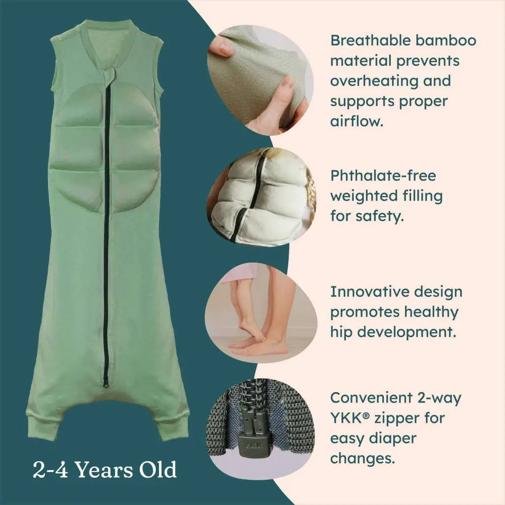 Light green sleeveless weighted sleep suit for 2 to 4 year olds made of breathable bamboo fabric by babydeepsleep