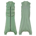 A sage green sleeveless weighted sleep suit with front zipper padded sections and a mesh back panel by babydeepsleep