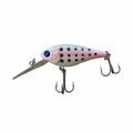 White and pink wildpoint troutbait wobbler fishing lure with black spots blue eye and metallic treble hooks
