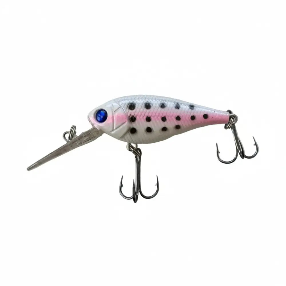 White and pink wildpoint troutbait wobbler fishing lure with black spots blue eye and metallic treble hooks