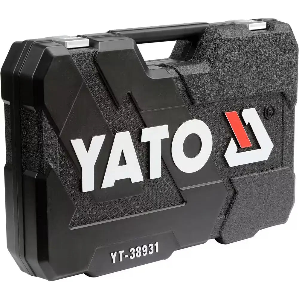 Musta yato yt-38931 työkalulaukku teksturoidulla pinnalla valkoisella logolla ja punaisella raidalla yato hylsysarja 173 osaa