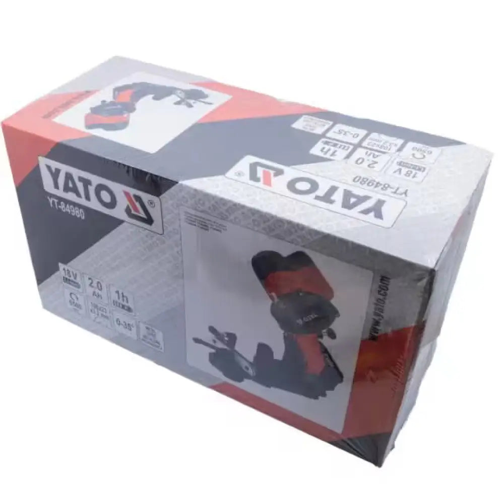 Punainen ja musta yato yt-84980 johdoton porakone muuten yato teräketjunteroitinsarja 18v 2ah li-ion akkulla pakkauksessa